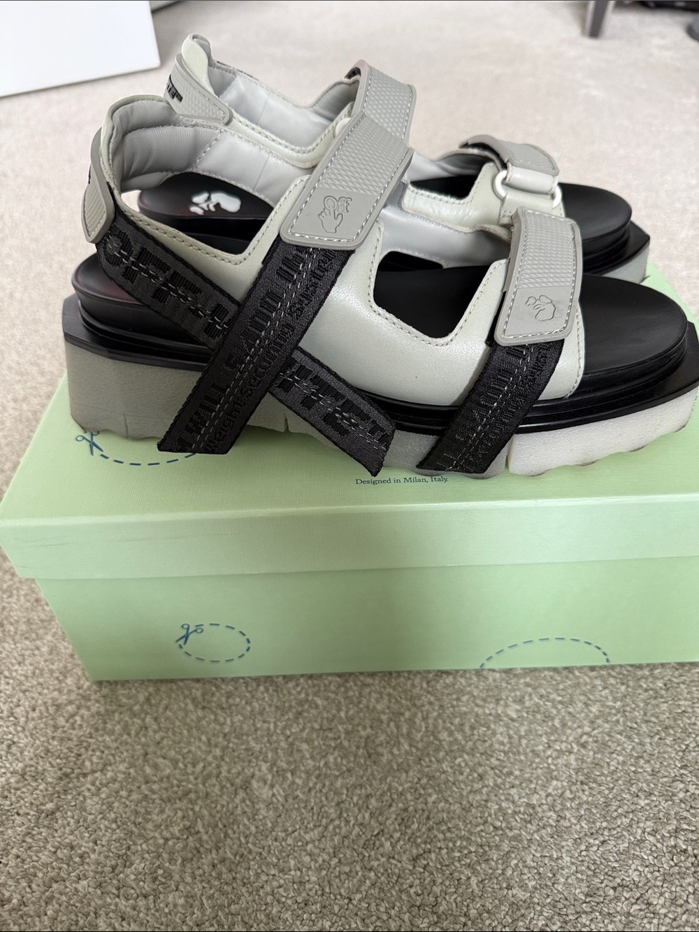 Off-White Light Gray and Black Velcro Platform Sandals